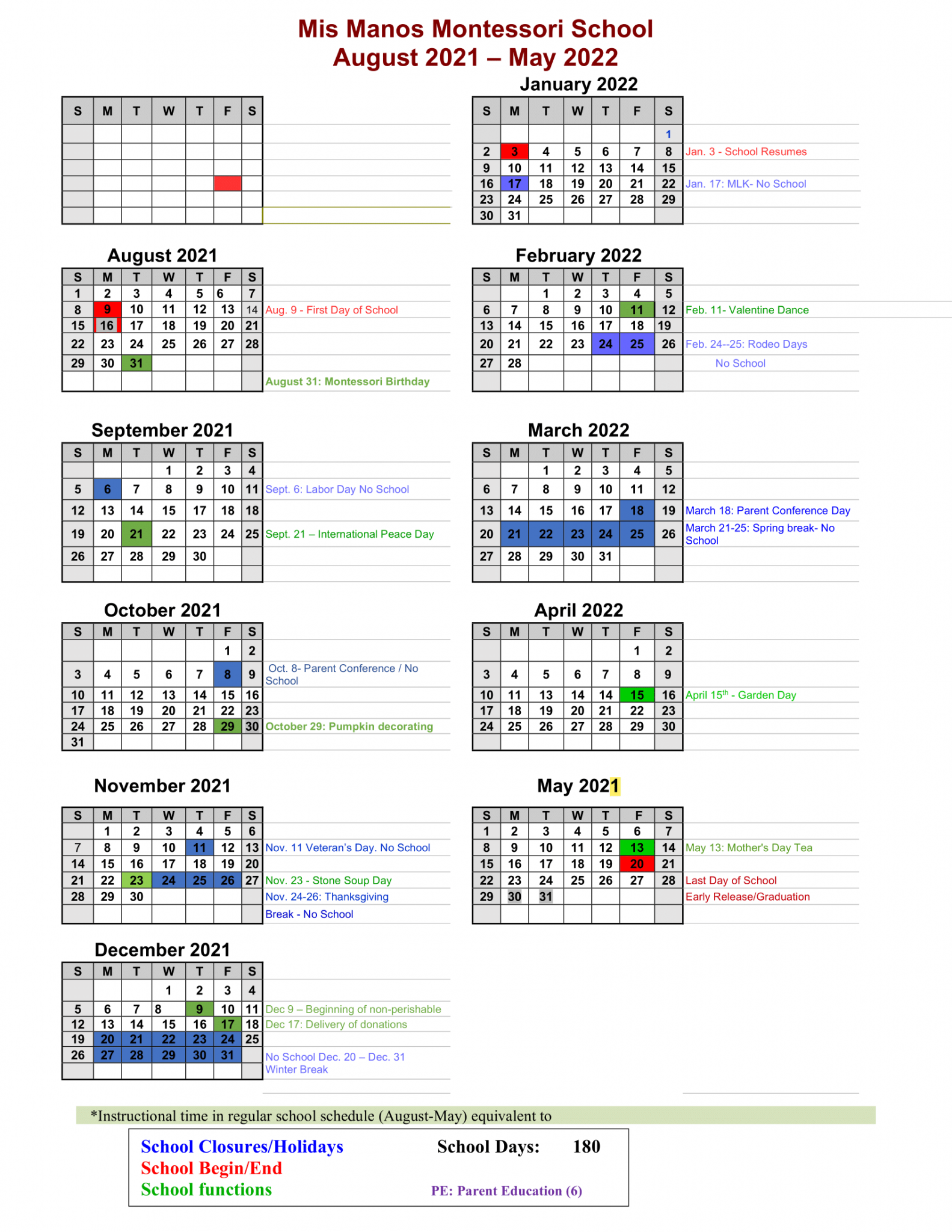 Calendar Mis Manos Montessori School